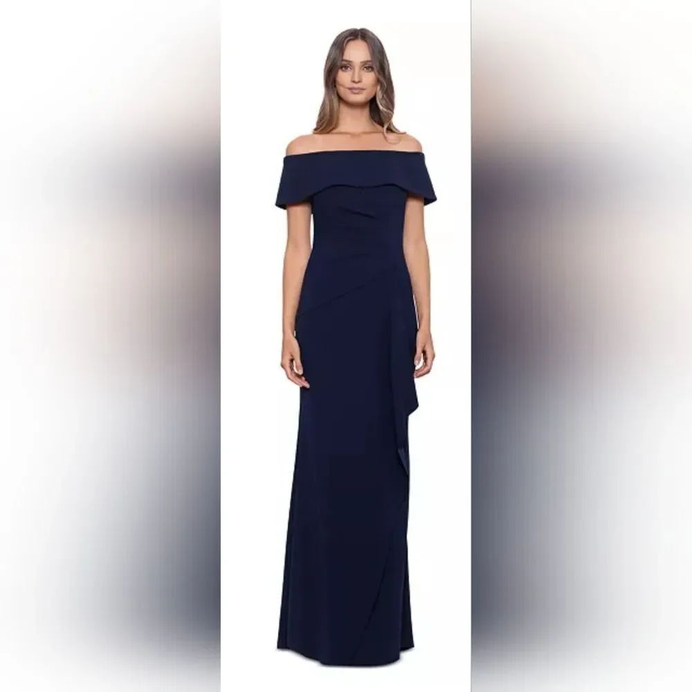 Xscape “Lindsay” Long Scuba Crepe Off the Shoulder Dress NWT Size 6 Navy Blue